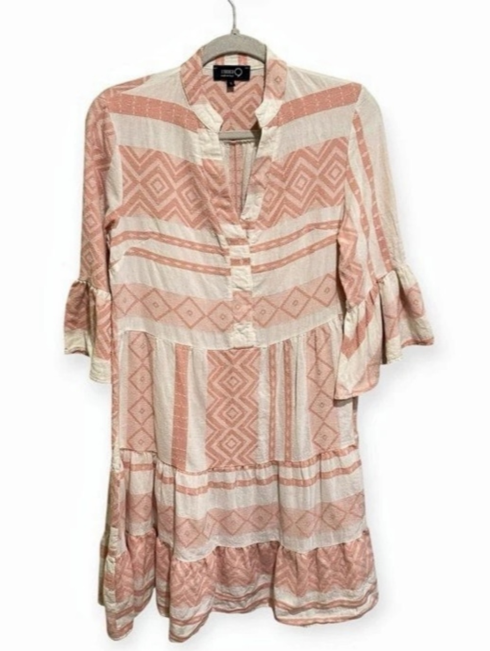 Fabrica 9 Made in Italy Pink Geometric Jacquard Tiered Boho Dress S NWOT
